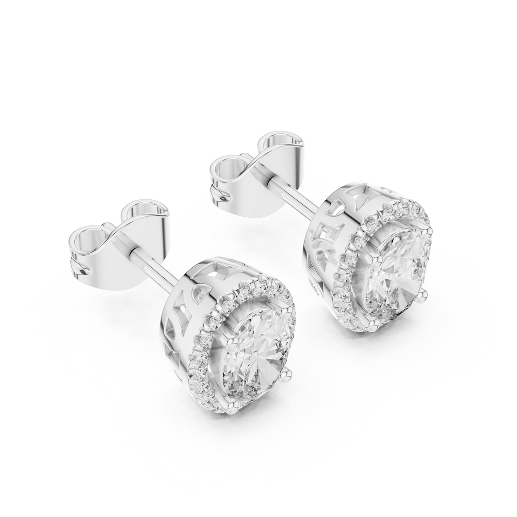 Oval Halo Moissanite Stud Earrings with Scroll Gallery in white 925 sterling silver, view 2