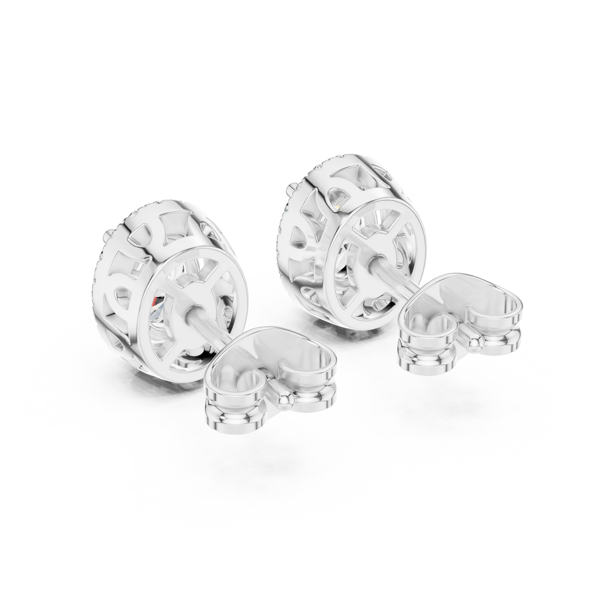 Oval Halo Moissanite Stud Earrings with Scroll Gallery in white 925 sterling silver, view 3