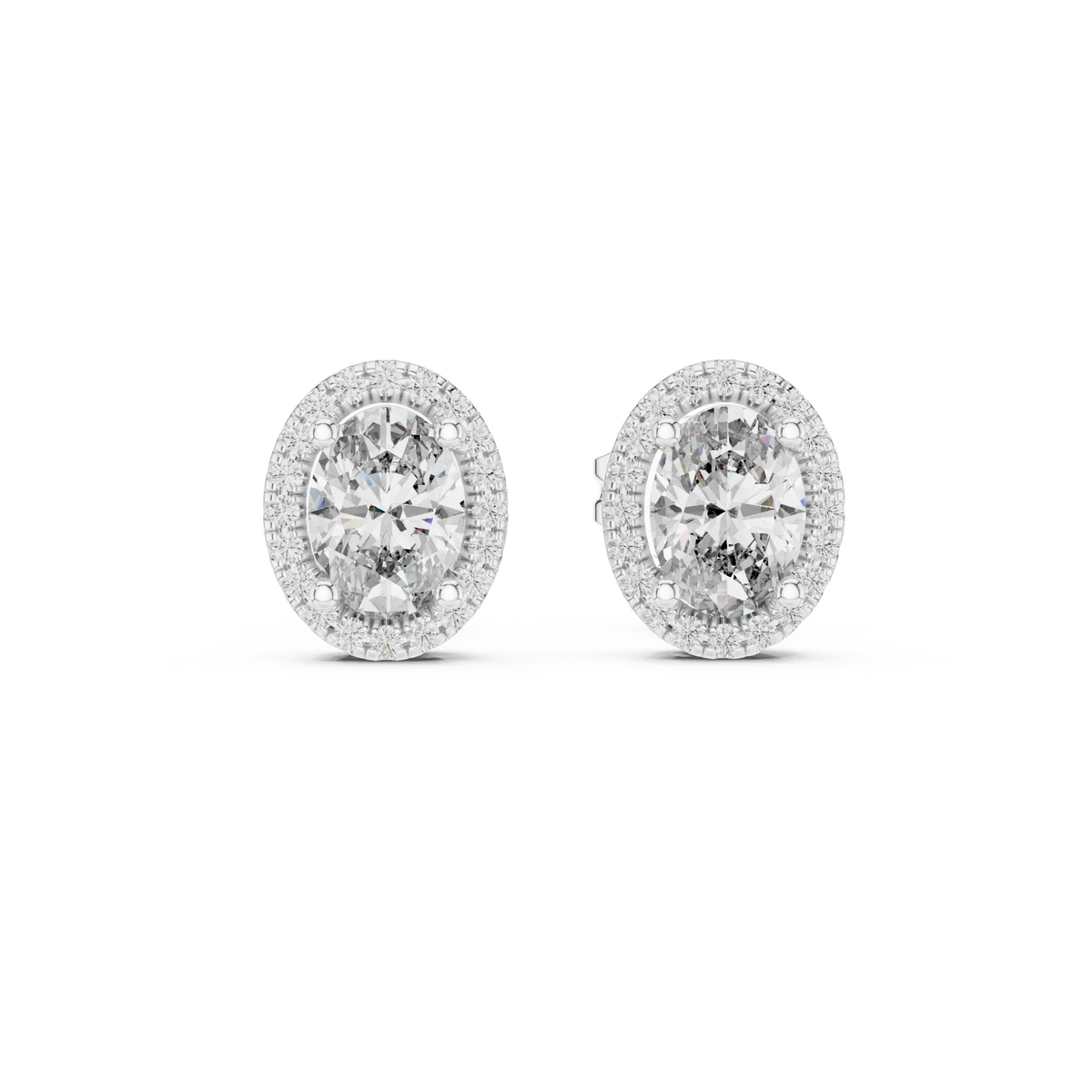 Oval Halo Moissanite Stud Earrings with Scroll Gallery in white 925 sterling silver, view 4