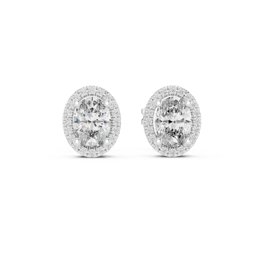 Oval Halo Moissanite Stud Earrings with Scroll Gallery in white 925 sterling silver, view 4
