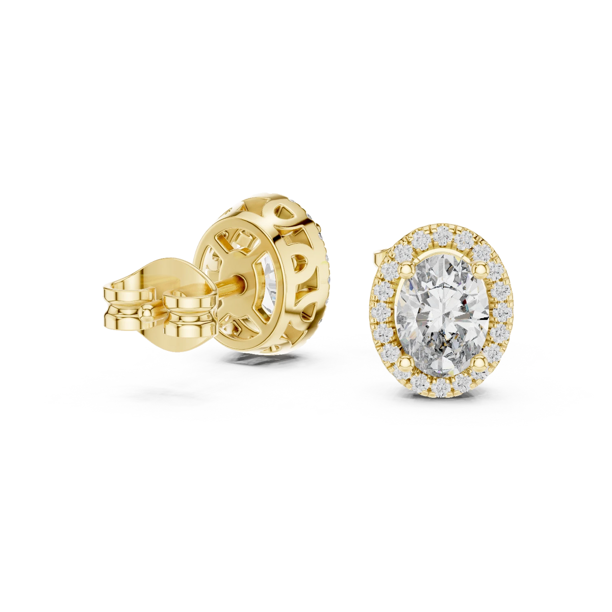 Oval Halo Moissanite Stud Earrings with Scroll Gallery in yellow 925 sterling silver, view 1