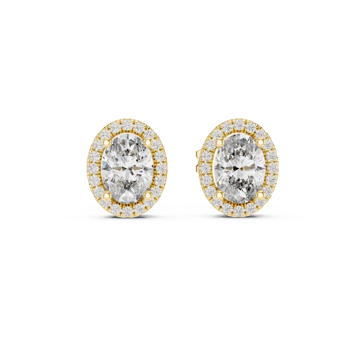 Oval Halo Moissanite Stud Earrings with Scroll Gallery in yellow 925 sterling silver, view 4