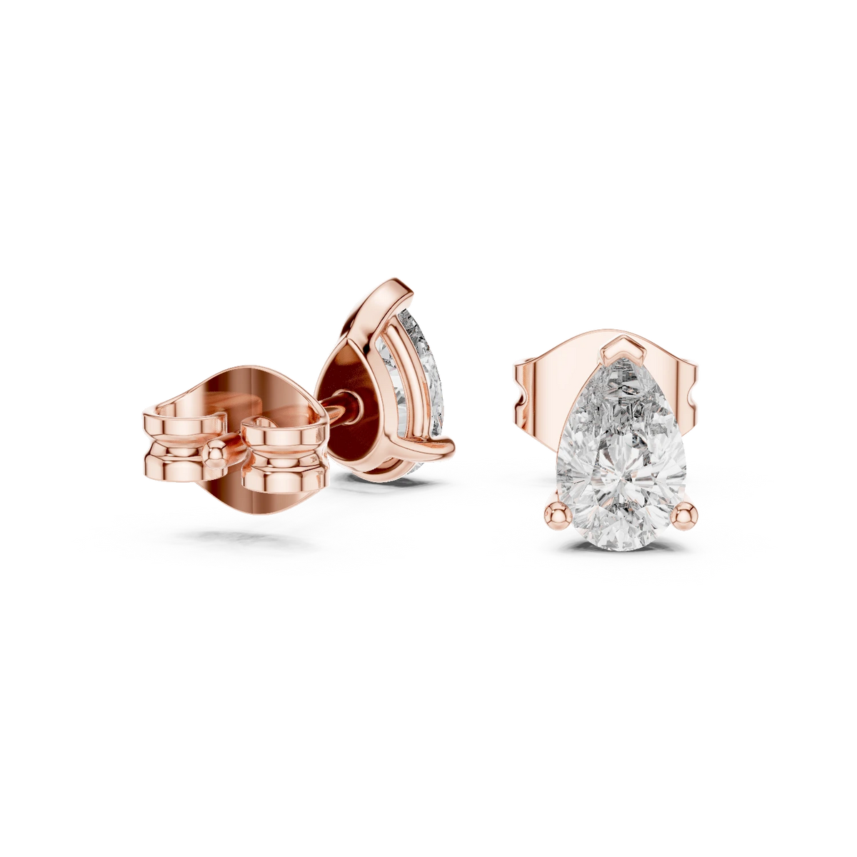 Pear Moissanite Three Prong Stud Earrings in rose 925 sterling silver, view 1