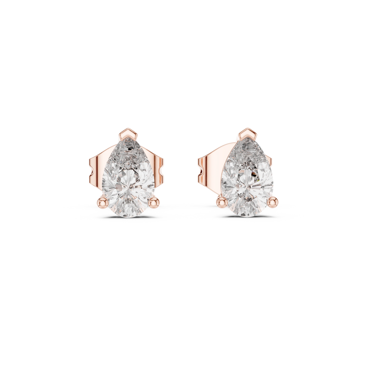 Pear Moissanite Three Prong Stud Earrings in rose 925 sterling silver, view 4