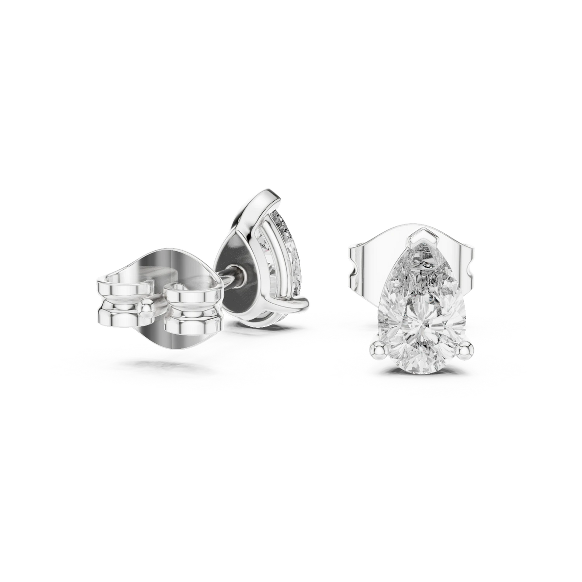 Pear Moissanite Three Prong Stud Earrings in white 925 sterling silver, view 1