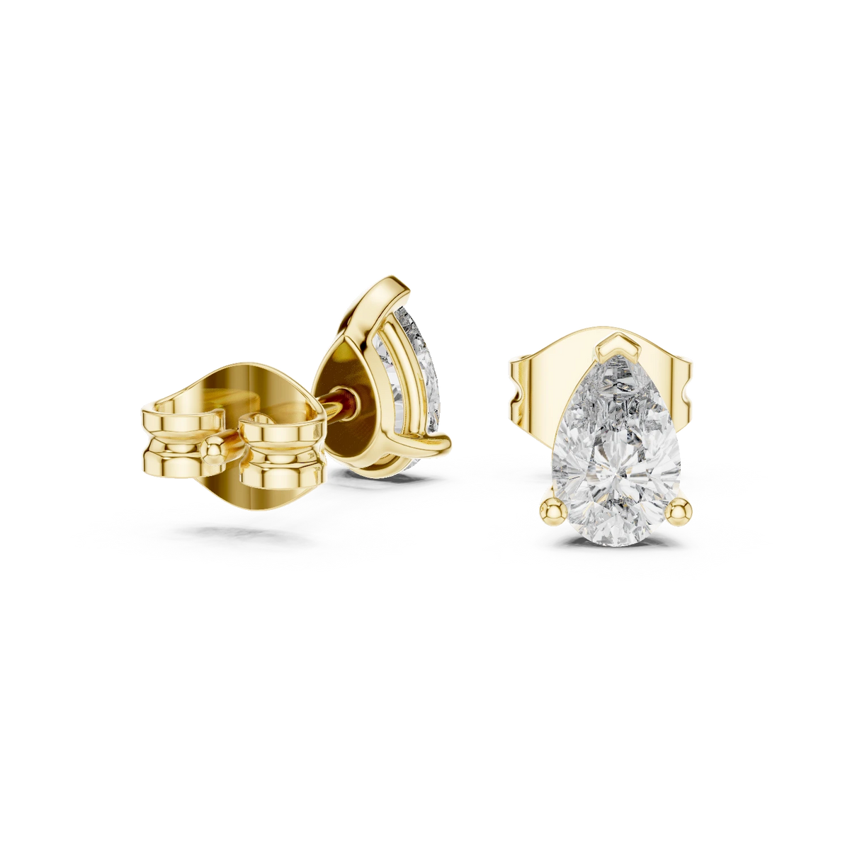 Pear Moissanite Three Prong Stud Earrings in yellow 925 sterling silver, view 1