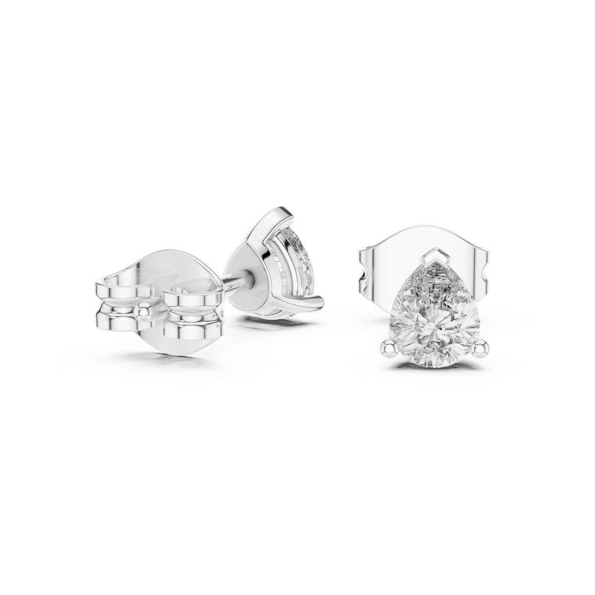 Pear Moissanite Three Prong Stud Earrings in white 925 sterling silver, view 1