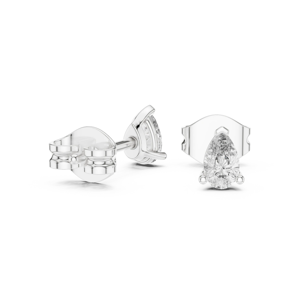 Pear Moissanite Three Prong Stud Earrings in white 925 sterling silver, view 1