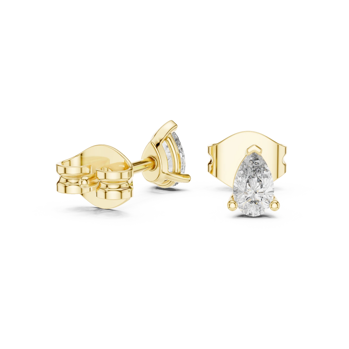 Pear Moissanite Three Prong Stud Earrings in yellow 925 sterling silver, view 1