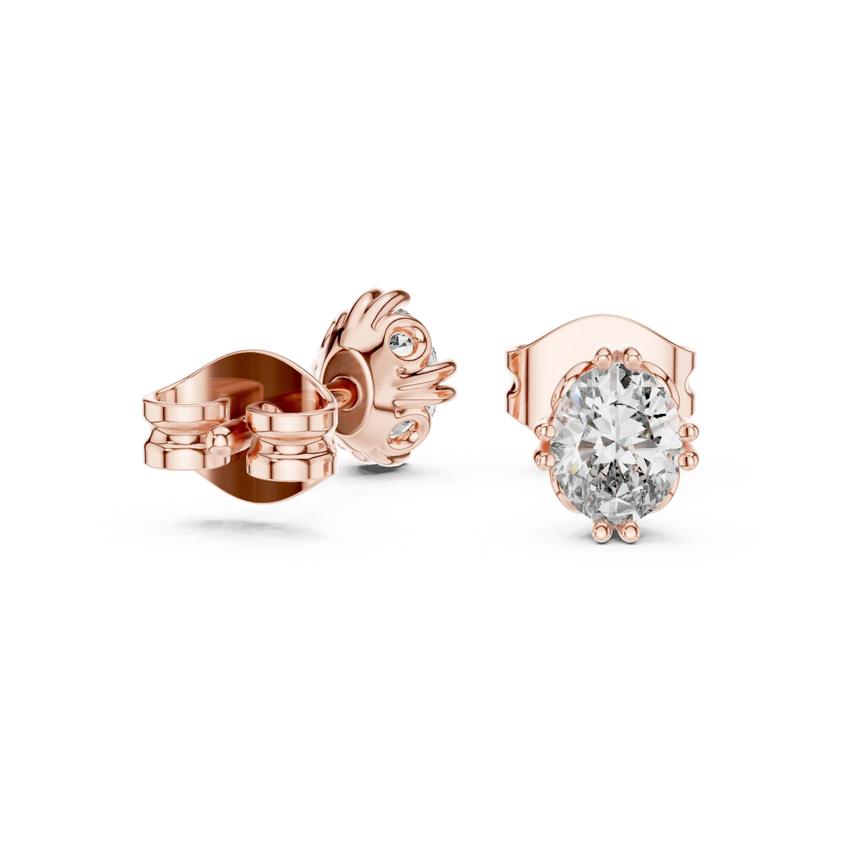 Oval Moissanite Stud Earrings with Sculpted Gallery in rose 925 sterling silver, view 1