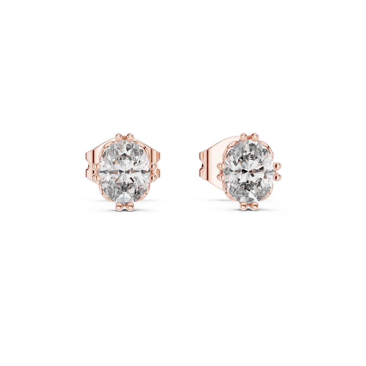 Oval Moissanite Stud Earrings with Sculpted Gallery in rose 925 sterling silver, view 4
