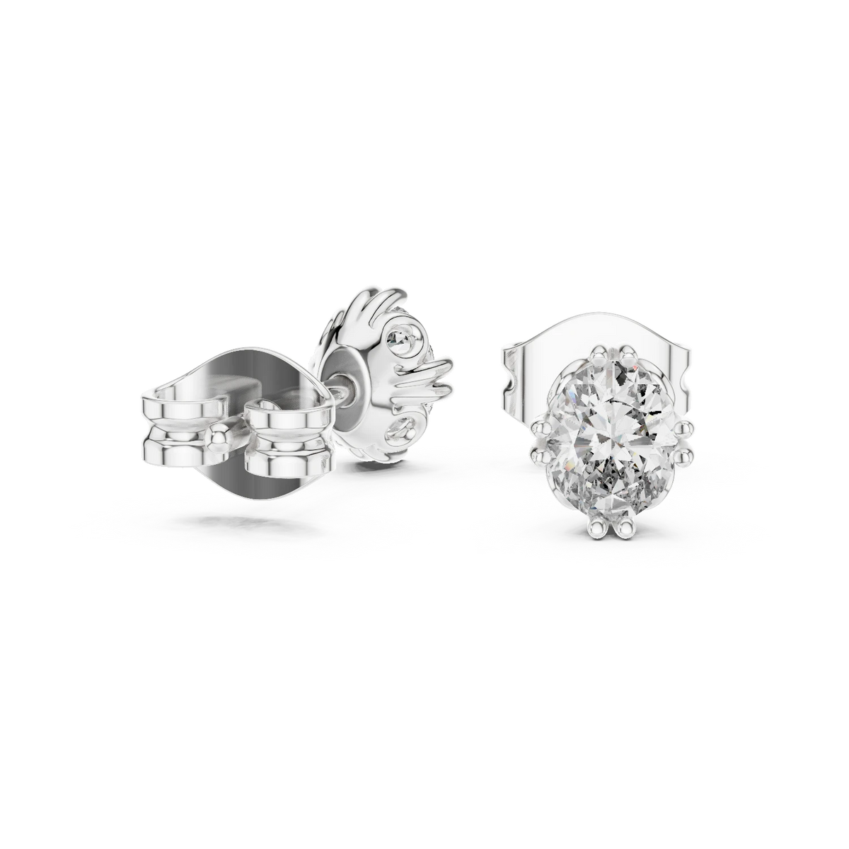 Oval Moissanite Stud Earrings with Sculpted Gallery in white 925 sterling silver, view 1