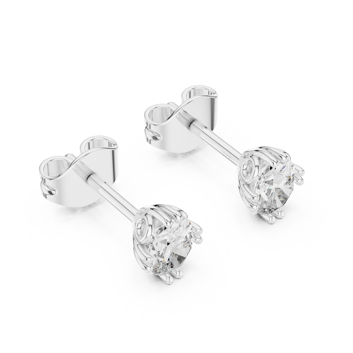 Oval Moissanite Stud Earrings with Sculpted Gallery in white 925 sterling silver, view 2