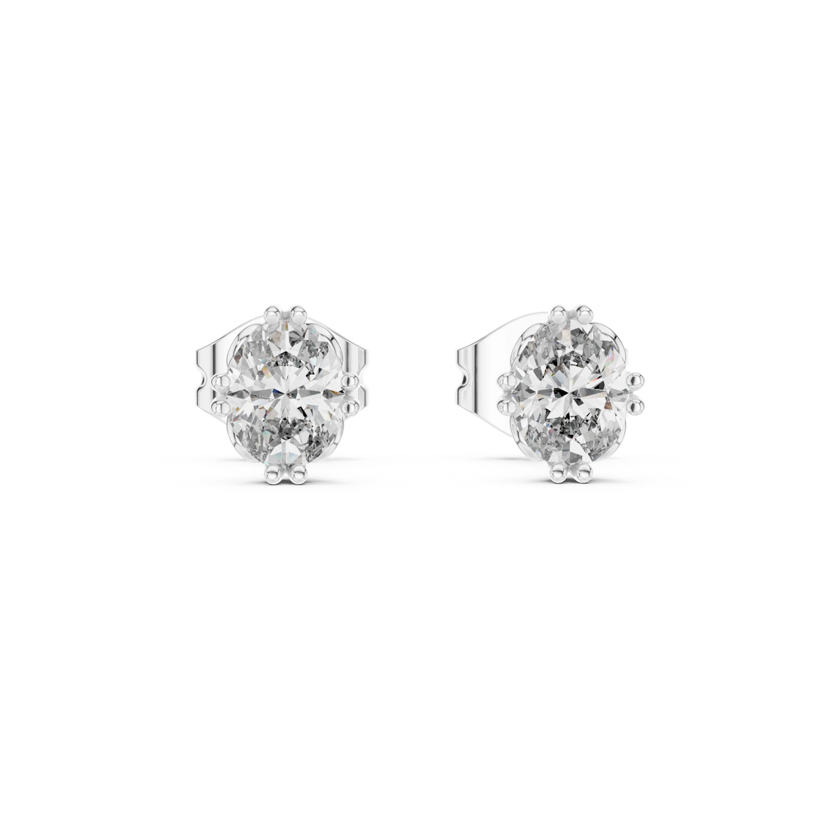 Oval Moissanite Stud Earrings with Sculpted Gallery in white 925 sterling silver, view 4
