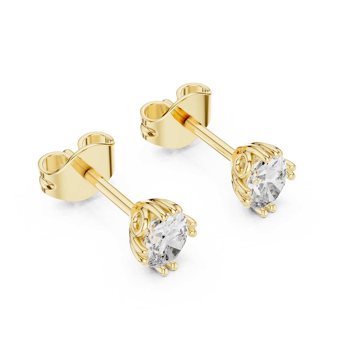 Oval Moissanite Stud Earrings with Sculpted Gallery in yellow 925 sterling silver, view 2