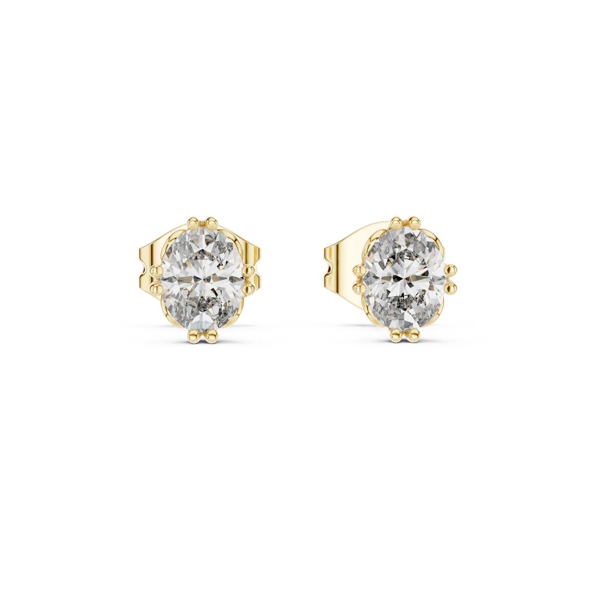 Oval Moissanite Stud Earrings with Sculpted Gallery in yellow 925 sterling silver, view 4