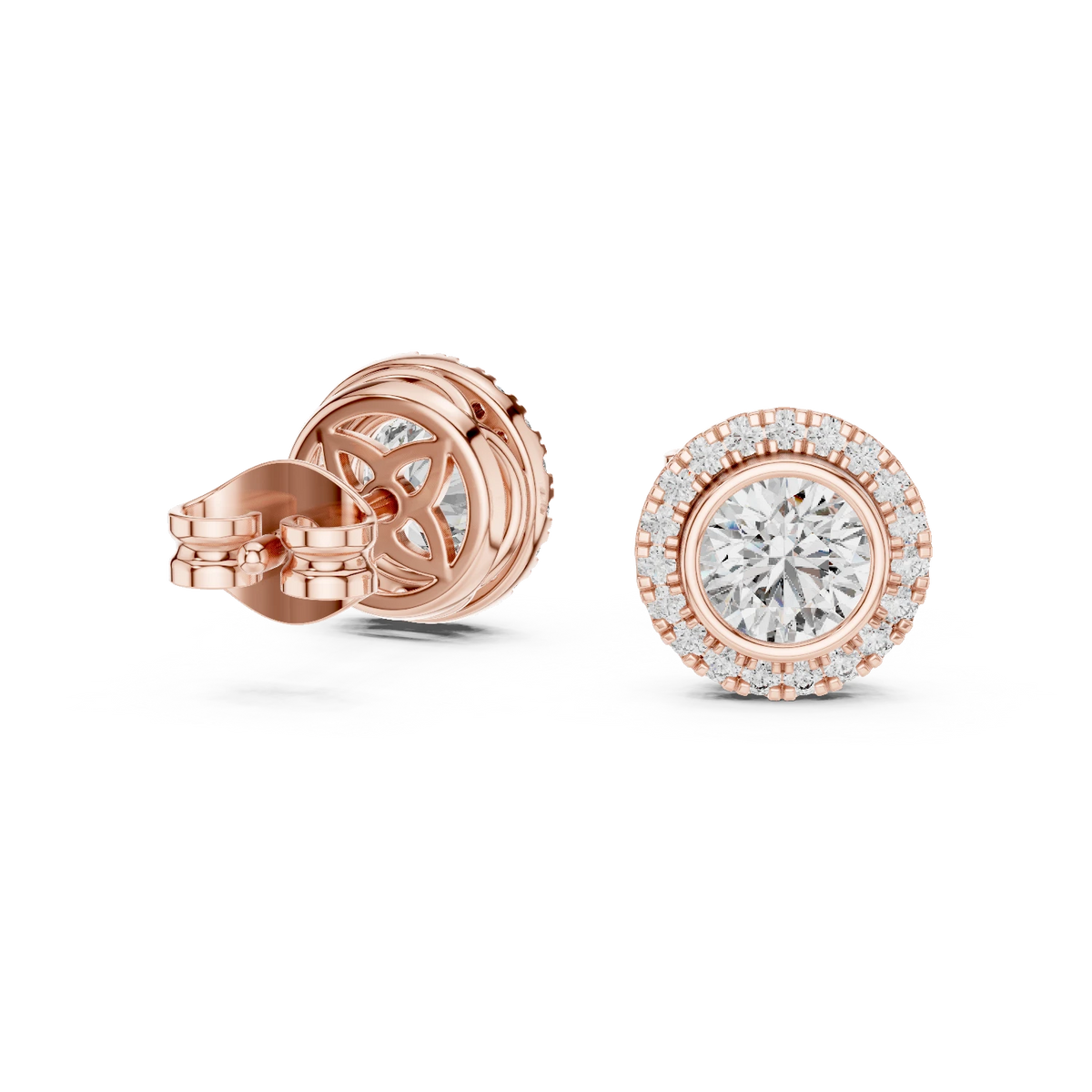 Round Bezel Halo Moissanite Stud Earrings in rose 925 sterling silver, view 1