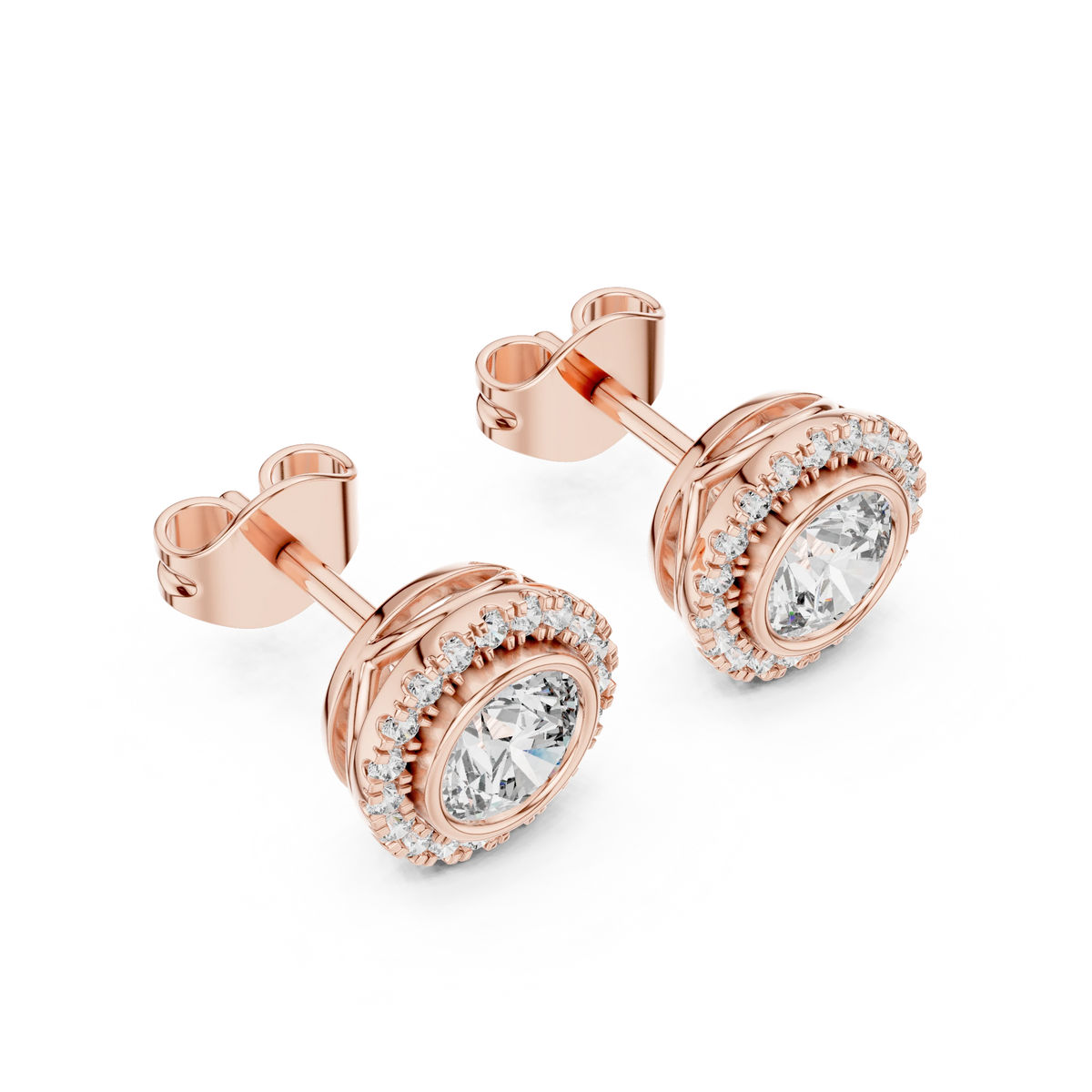 Round Bezel Halo Moissanite Stud Earrings in rose 925 sterling silver, view 2