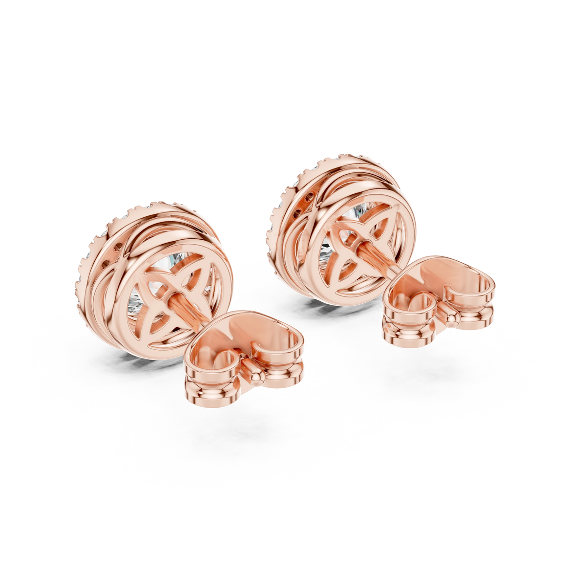 Round Bezel Halo Moissanite Stud Earrings in rose 925 sterling silver, view 3