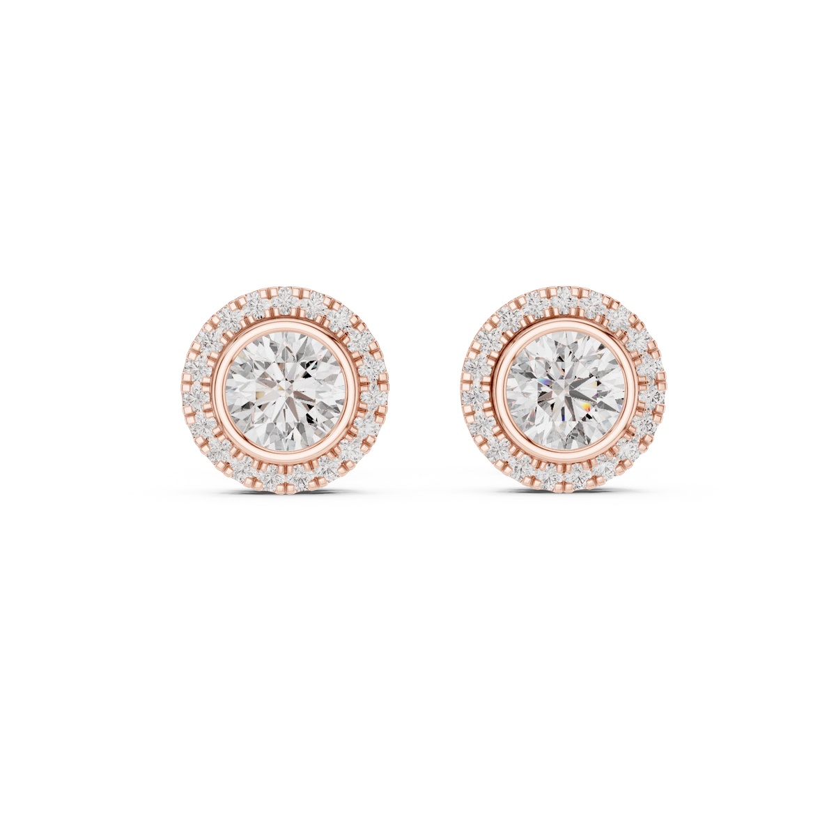 Round Bezel Halo Moissanite Stud Earrings in rose 925 sterling silver, view 4