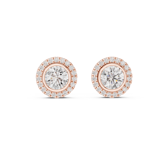 Round Bezel Halo Moissanite Stud Earrings in rose 925 sterling silver, view 4