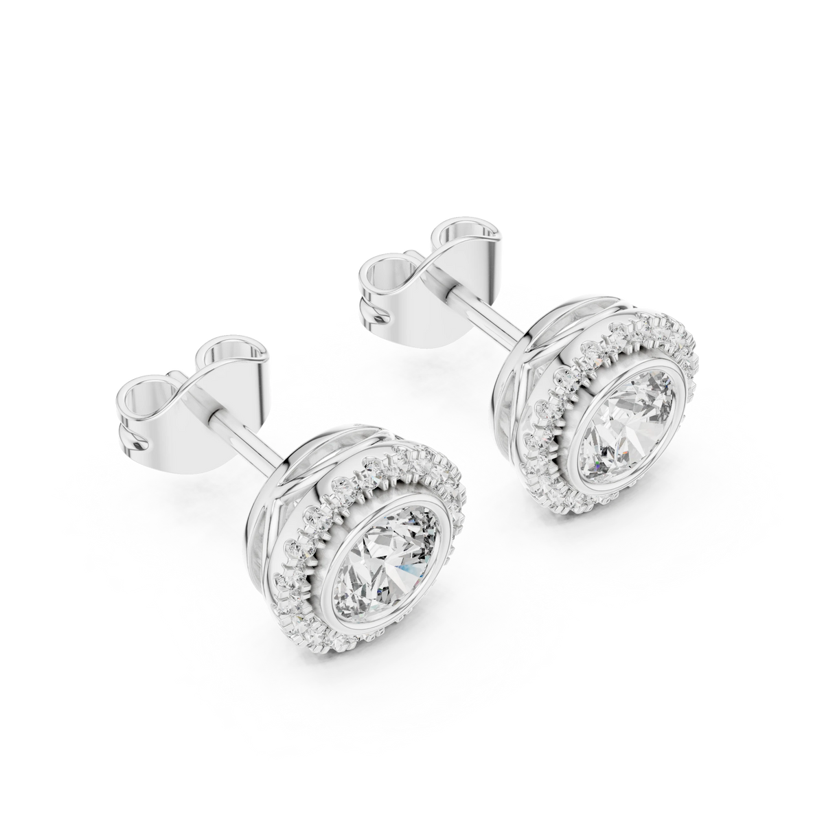 Round Bezel Halo Moissanite Stud Earrings in white 925 sterling silver, view 2