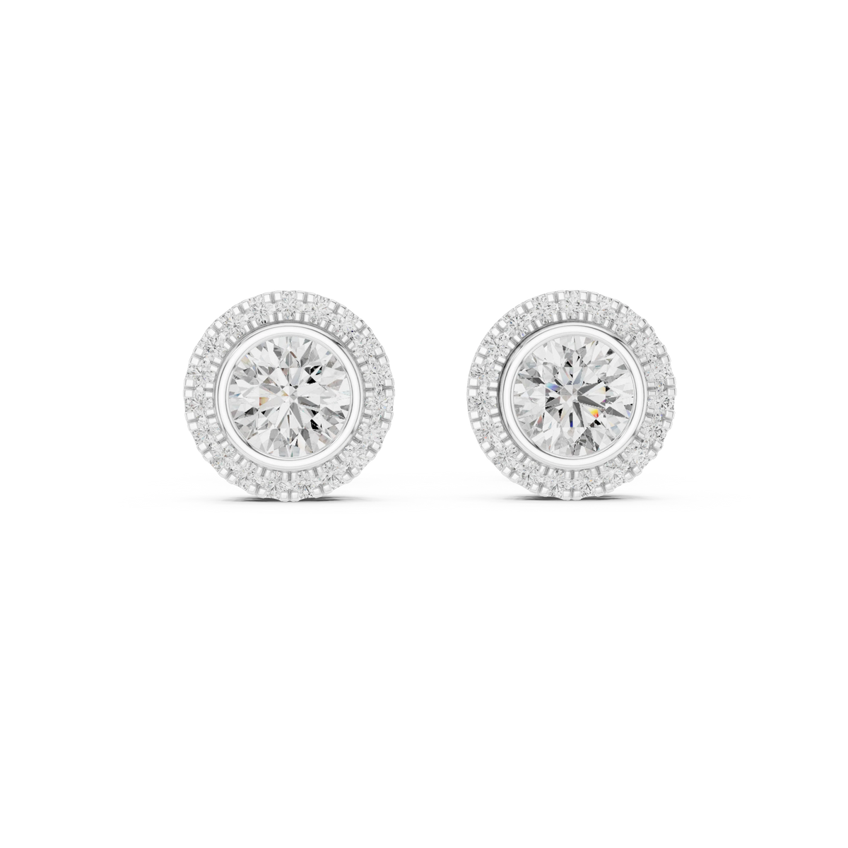 Round Bezel Halo Moissanite Stud Earrings in white 925 sterling silver, view 4