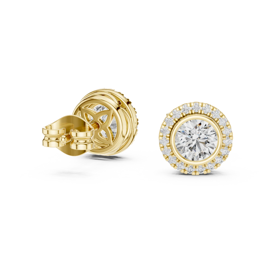 Round Bezel Halo Moissanite Stud Earrings in yellow 925 sterling silver, view 1