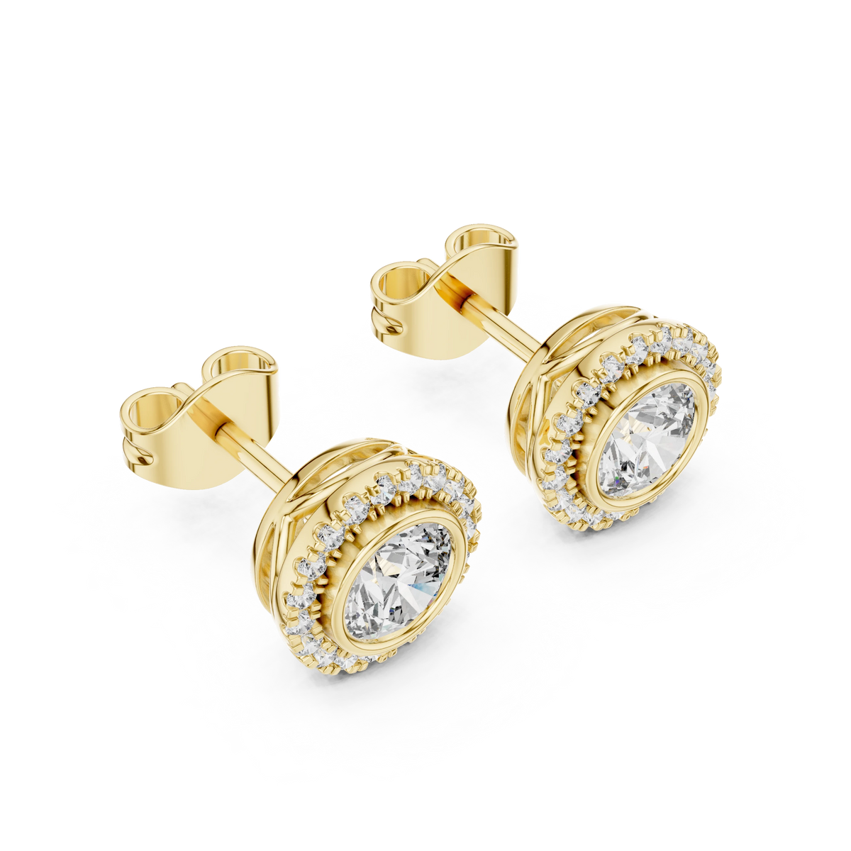 Round Bezel Halo Moissanite Stud Earrings in yellow 925 sterling silver, view 2