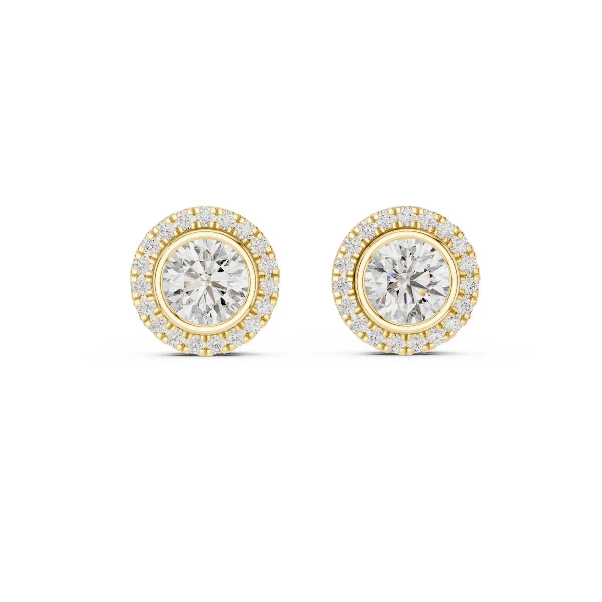 Round Bezel Halo Moissanite Stud Earrings in yellow 925 sterling silver, view 4
