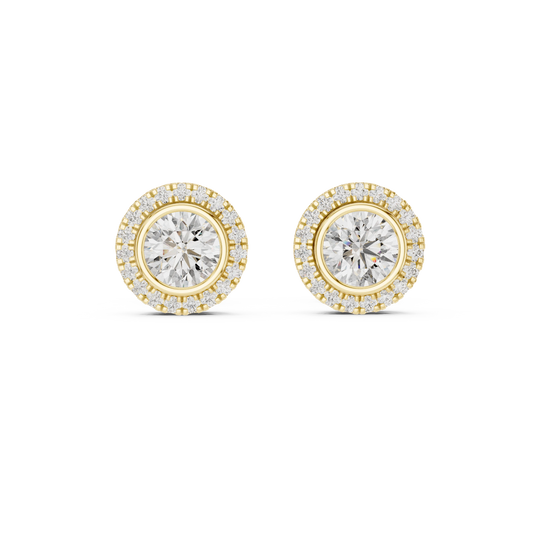 Round Bezel Halo Moissanite Stud Earrings in yellow 925 sterling silver, view 4