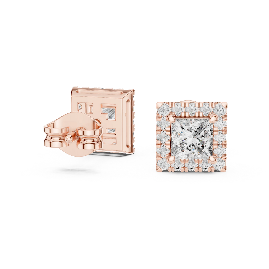 Princess Cut Square Halo Moissanite Stud Earrings in rose 925 sterling silver, view 1
