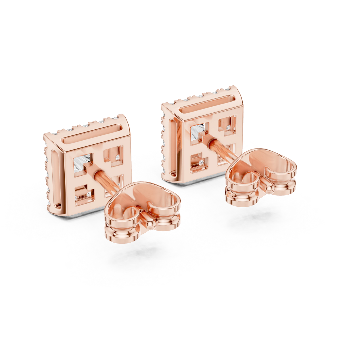 Princess Cut Square Halo Moissanite Stud Earrings in rose 925 sterling silver, view 3