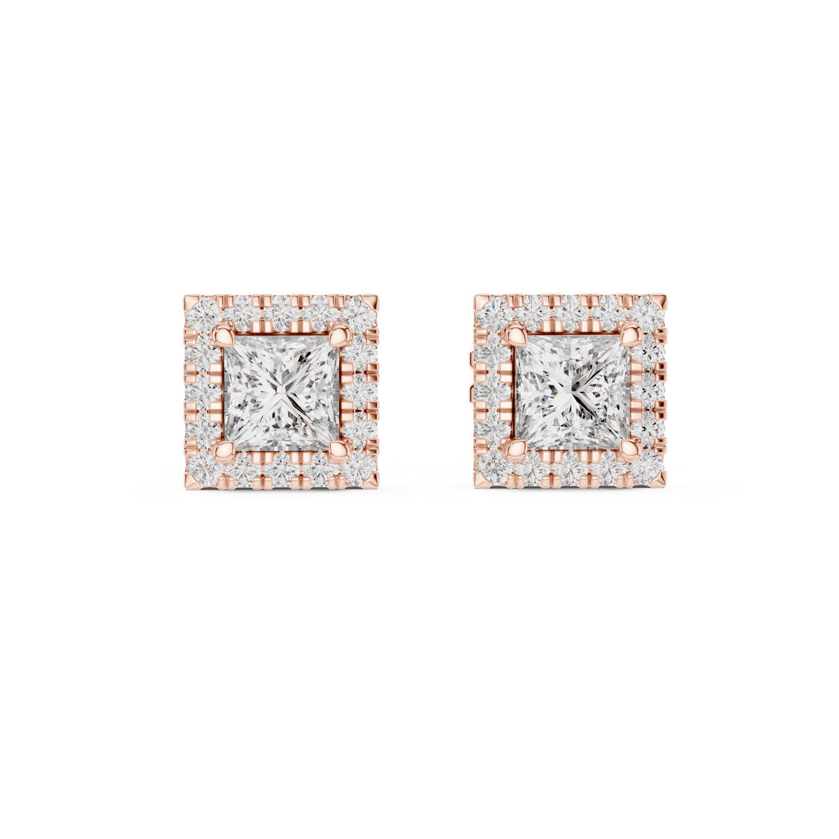 Princess Cut Square Halo Moissanite Stud Earrings in rose 925 sterling silver, view 4