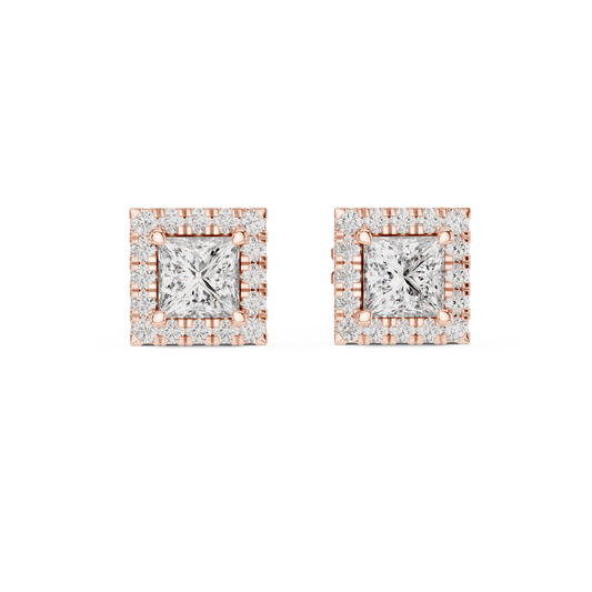 Princess Cut Square Halo Moissanite Stud Earrings in rose 925 sterling silver, view 4