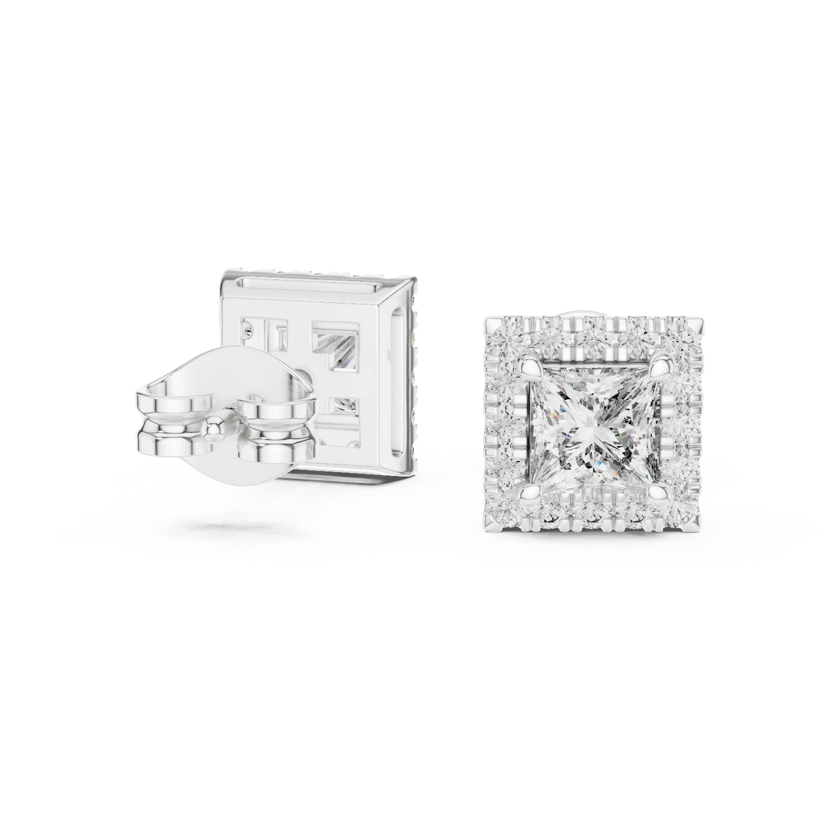 Princess Cut Square Halo Moissanite Stud Earrings in white 925 sterling silver, view 1