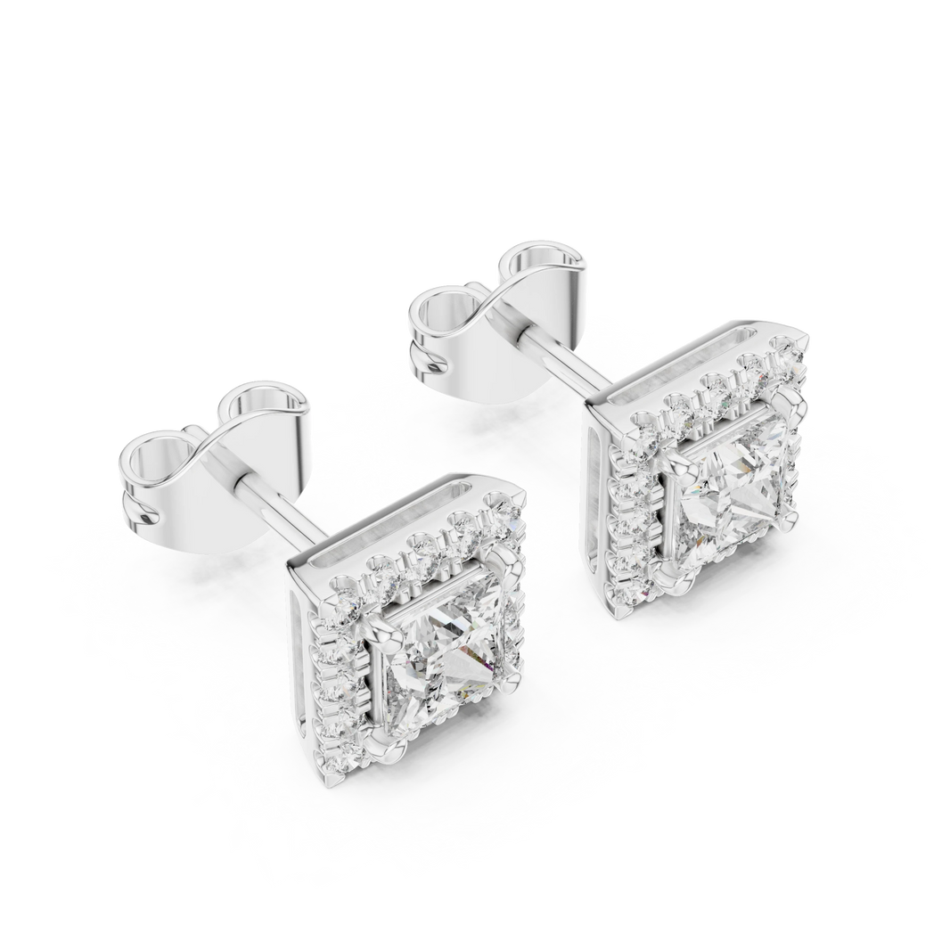 Princess Cut Square Halo Moissanite Stud Earrings in white 925 sterling silver, view 2