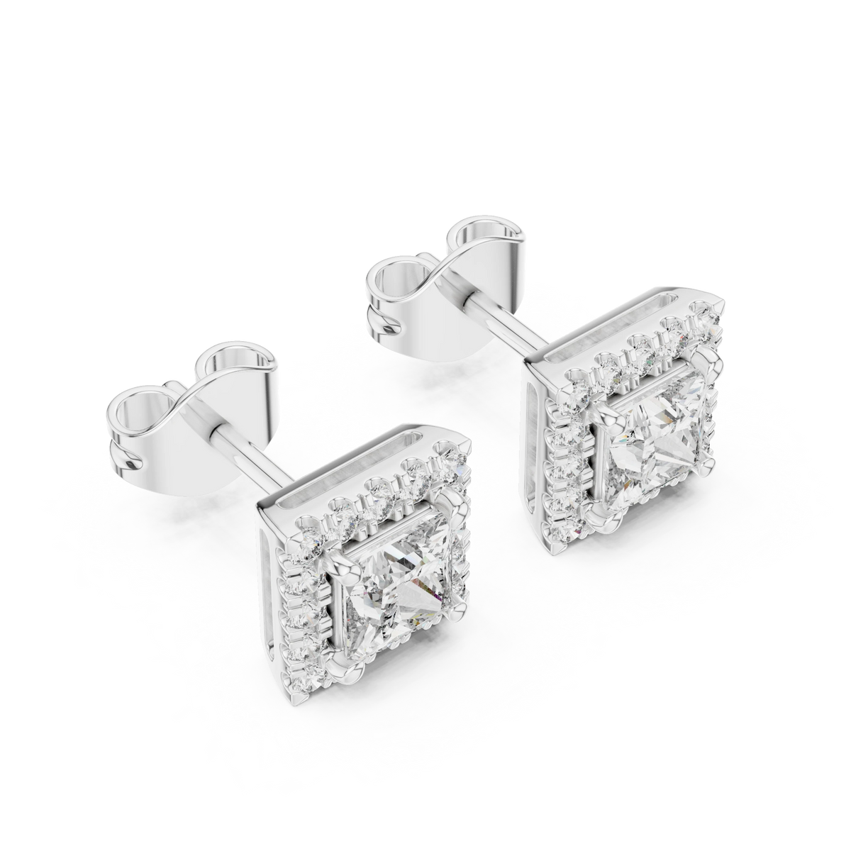 Princess Cut Square Halo Moissanite Stud Earrings in white 925 sterling silver, view 2