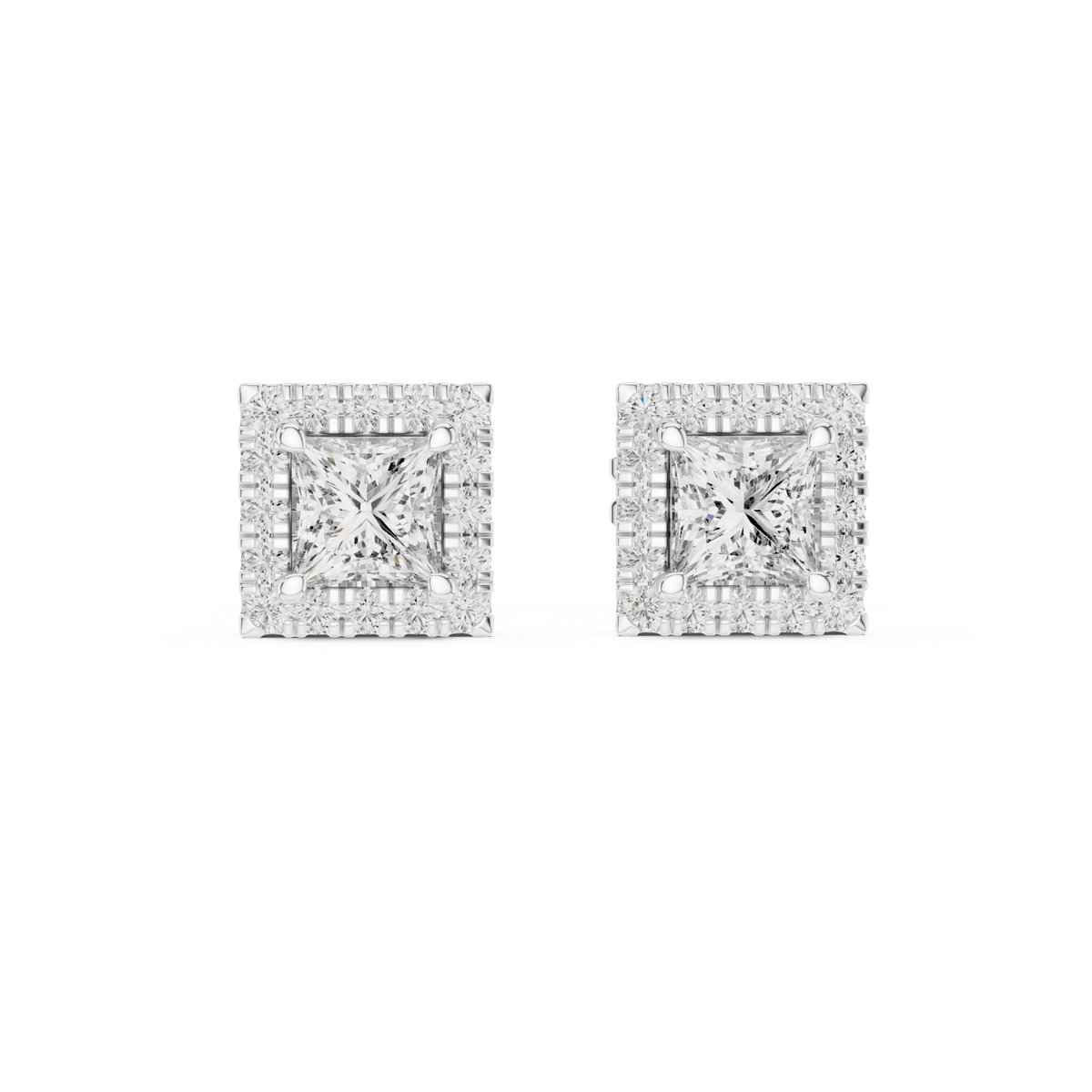 Princess Cut Square Halo Moissanite Stud Earrings in white 925 sterling silver, view 4