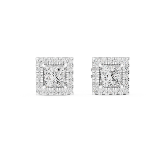 Princess Cut Square Halo Moissanite Stud Earrings in white 925 sterling silver, view 4