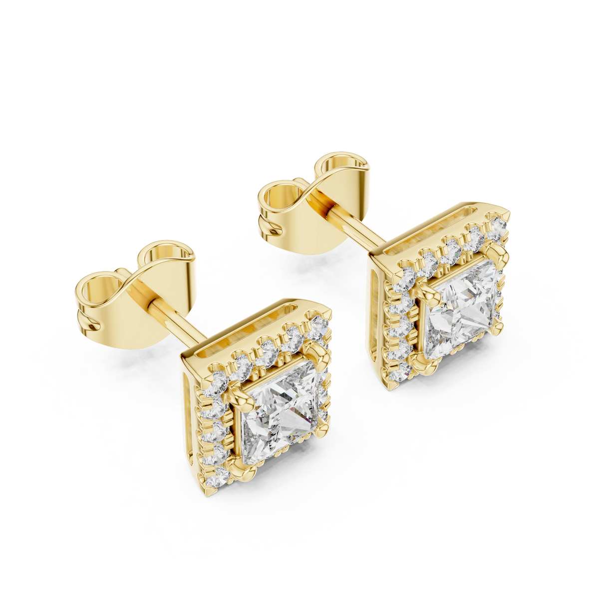 Princess Cut Square Halo Moissanite Stud Earrings in yellow 925 sterling silver, view 2