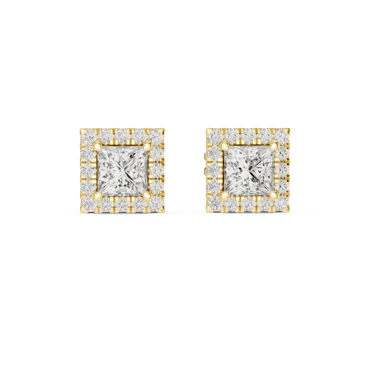 Princess Cut Square Halo Moissanite Stud Earrings in yellow 925 sterling silver, view 4