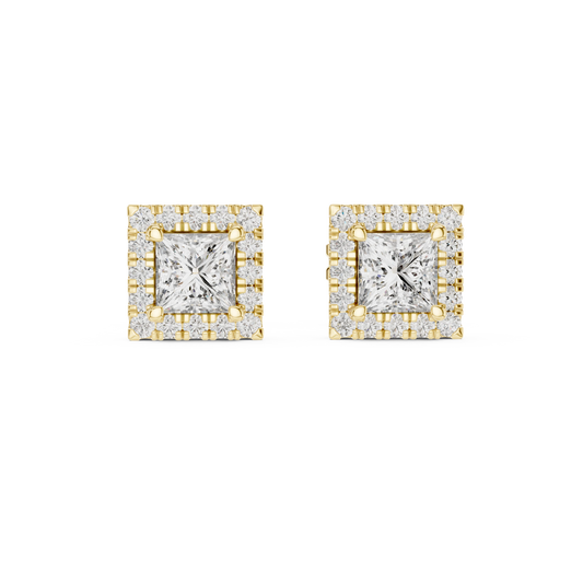 Princess Cut Square Halo Moissanite Stud Earrings in yellow 925 sterling silver, view 4