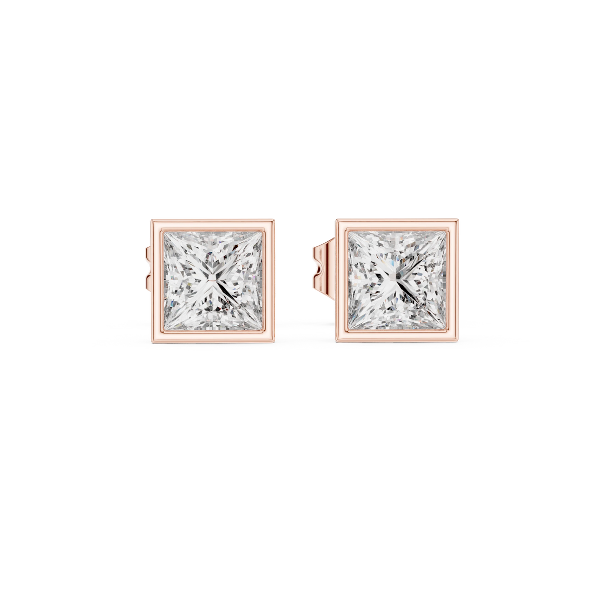Princess Cut Bezel Moissanite Stud Earrings in rose 925 sterling silver, view 4
