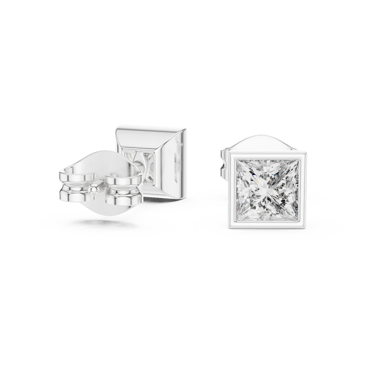 Princess Cut Bezel Moissanite Stud Earrings in white 925 sterling silver, view 1