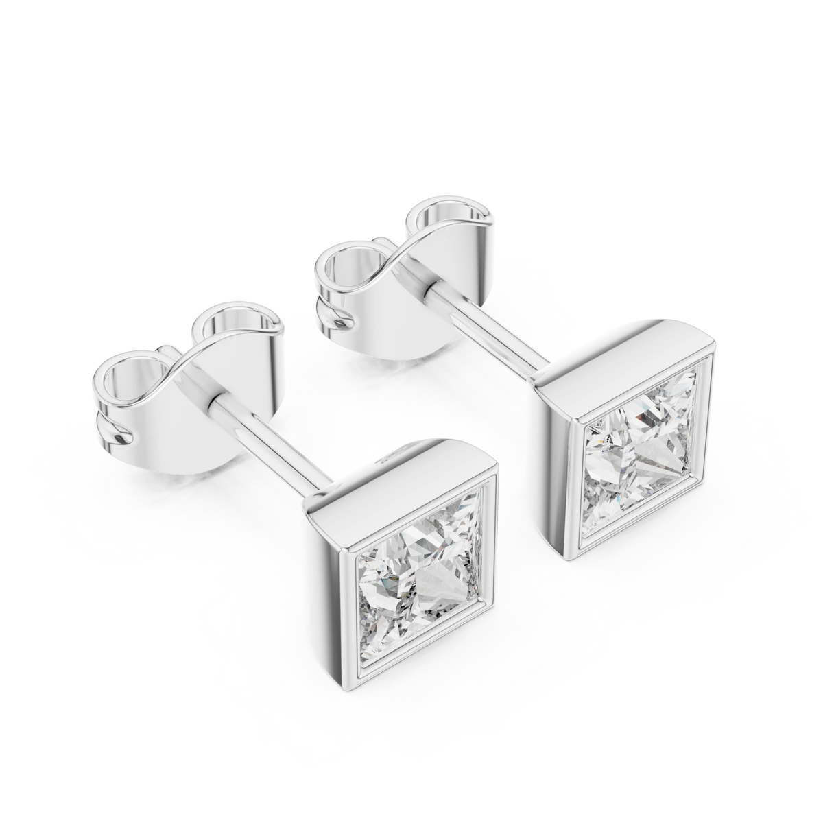 Princess Cut Bezel Moissanite Stud Earrings in white 925 sterling silver, view 2
