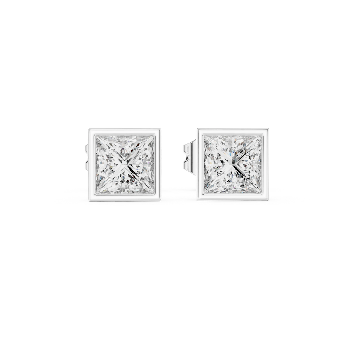 Princess Cut Bezel Moissanite Stud Earrings in white 925 sterling silver, view 4