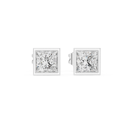 Princess Cut Bezel Moissanite Stud Earrings in white 925 sterling silver, view 4