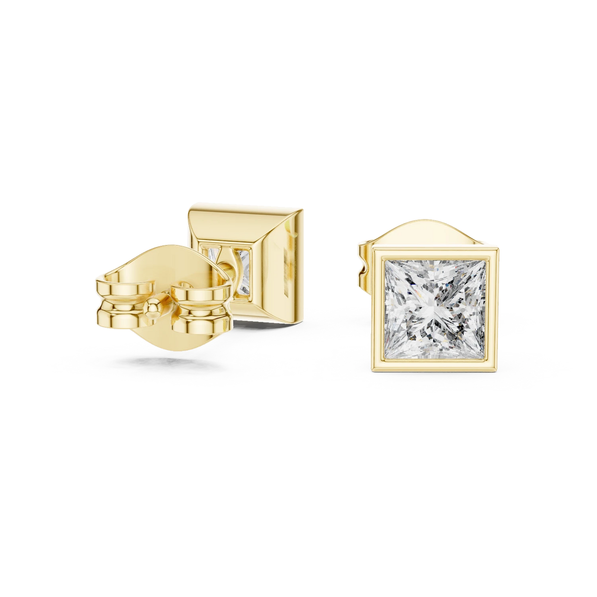 Princess Cut Bezel Moissanite Stud Earrings in yellow 925 sterling silver, view 1
