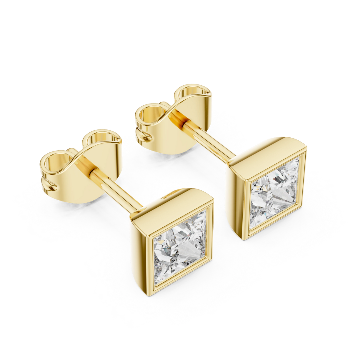 Princess Cut Bezel Moissanite Stud Earrings in yellow 925 sterling silver, view 2